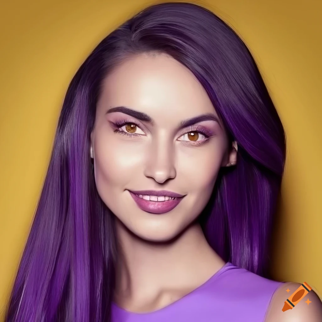 Professional headshot of a supermodel in fashionable purple