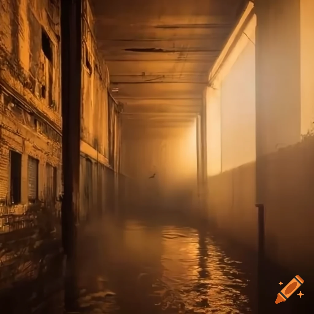 Abandoned flooded warehouse with tall walls in golden heavenly fog