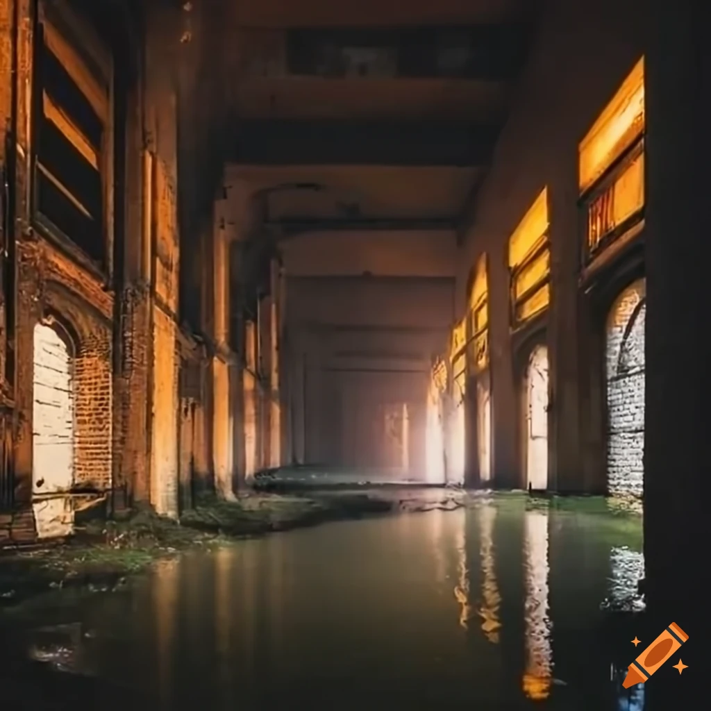 Abandoned flooded warehouse with tall walls in golden heavenly fog