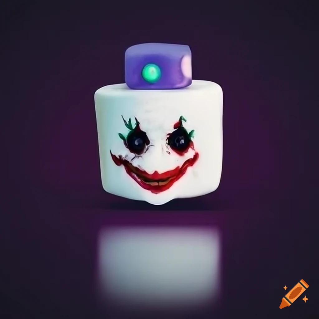 Cool marshmallow with joker smile holding an AK-47 in a gloomy environment  on Craiyon, image size:1024x1024