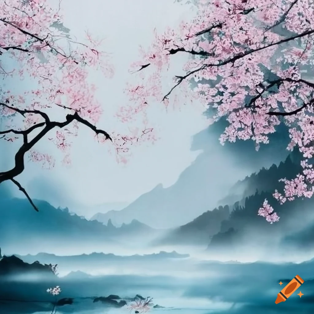 Ethereal realm with fog, rivers, mountains, and blossoming sakura trees ...