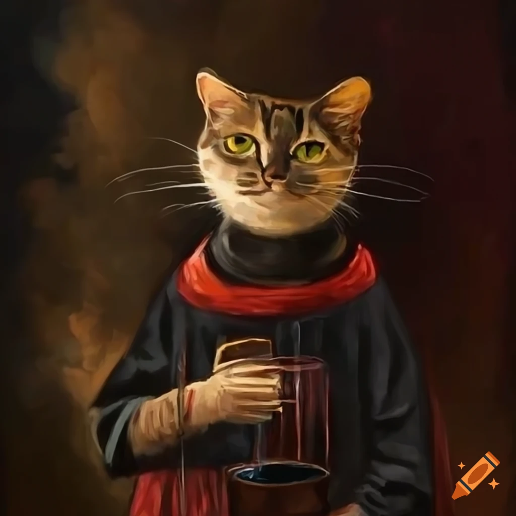 Cat in thobe drinking hot chocolate at midnight on Craiyon