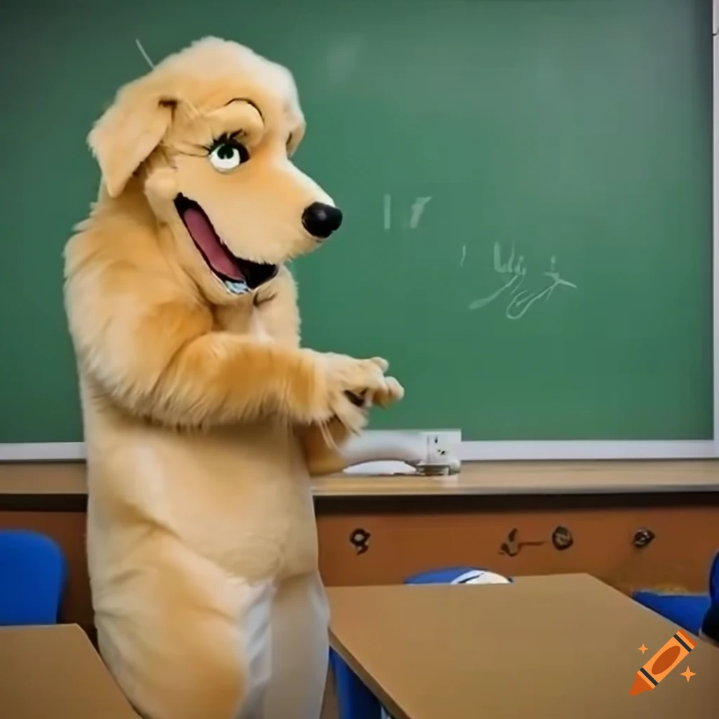Female teacher wearing a golden retriever mascot costume in a classroom