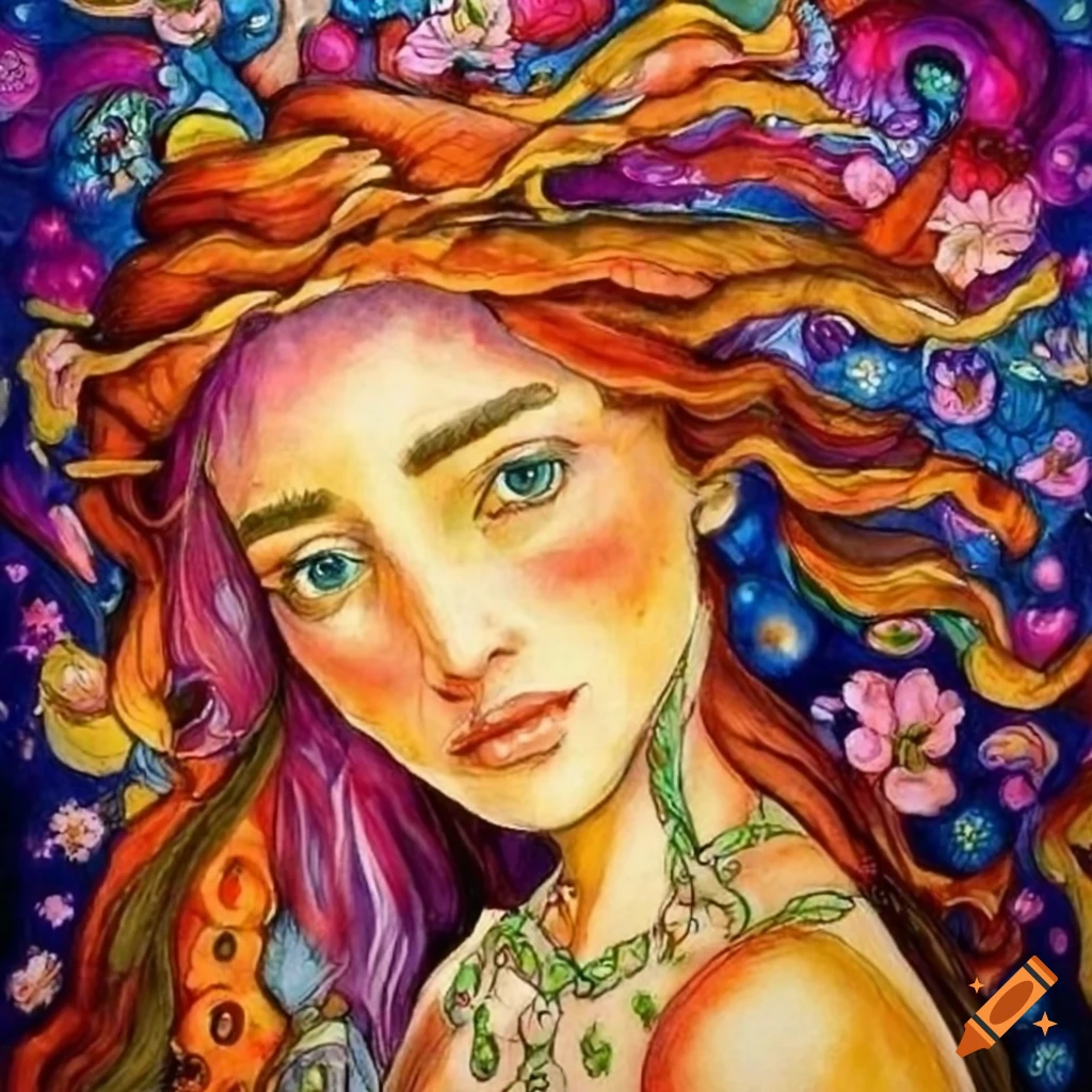 Woman with flowers in her hair in a detailed storybook illustration