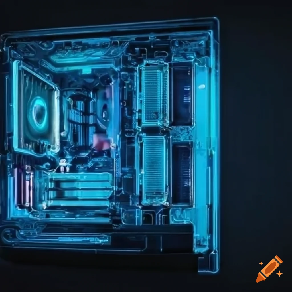 Transparent desktop PC case showing interior circuits from side view