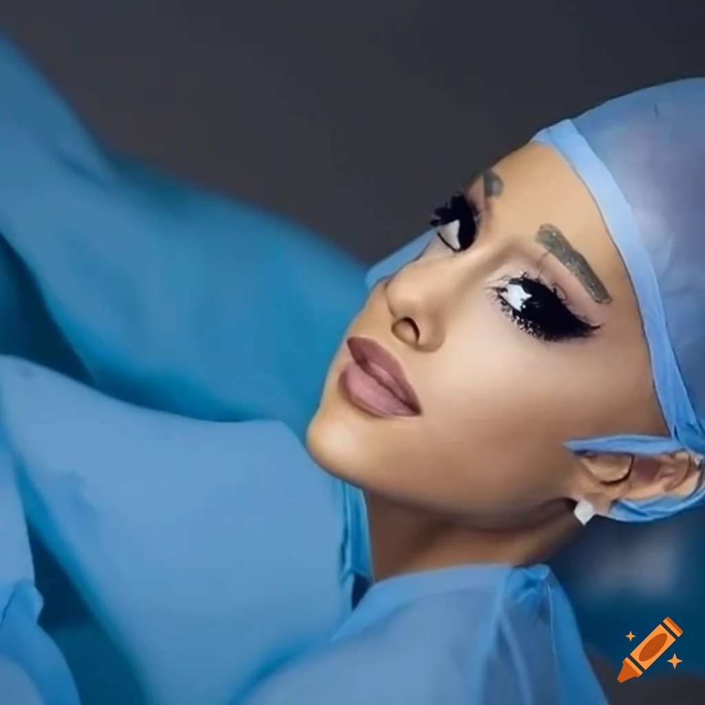 Ariana Grande wearing surgical gown, gloves, and cap