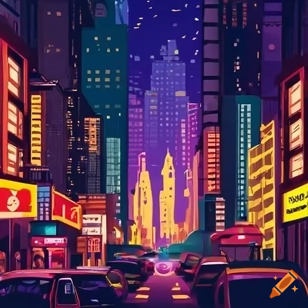 New York City street view with yellow taxis and colorful restaurant signs at midnight