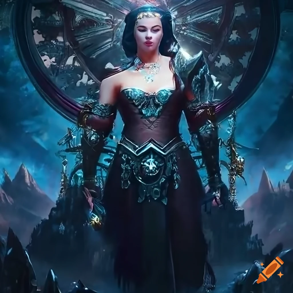 Exquisite woman warrior in a demonic throne room with flaming mountains