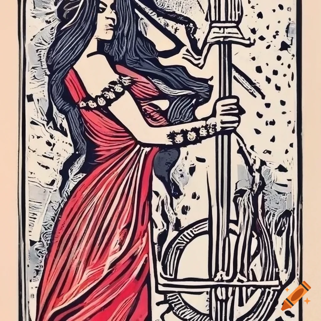 Artistic portrayal of a woman and four swords in tarot card style