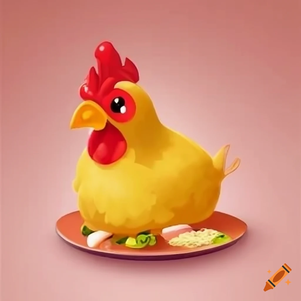 Kawaii style funny chicken inviting you to eat on Craiyon