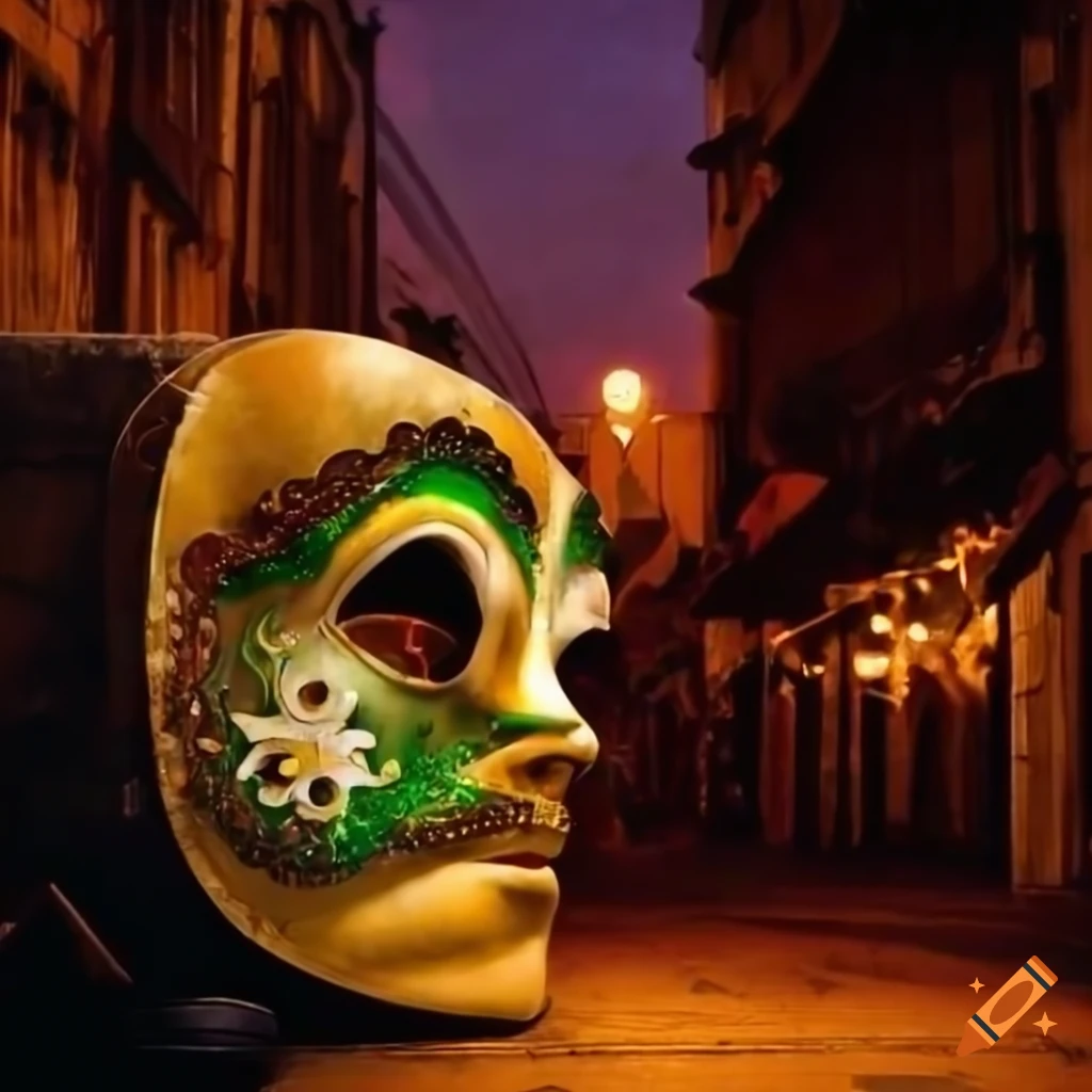 Mardi Gras mask on deserted Bourbon Street with old radios and broken guitars