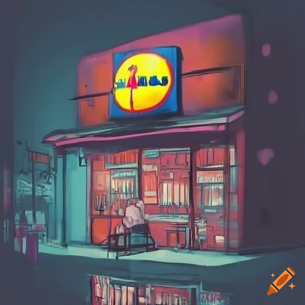 Biedronka shop fighting Lidl shop in a cyberpunk setting