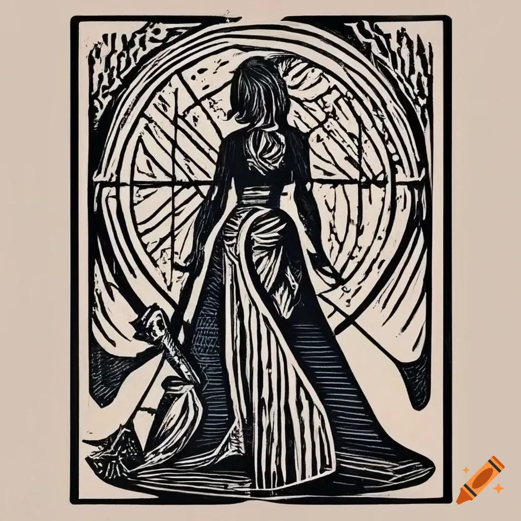 Artistic depiction of a woman and four swords in tarot card style
