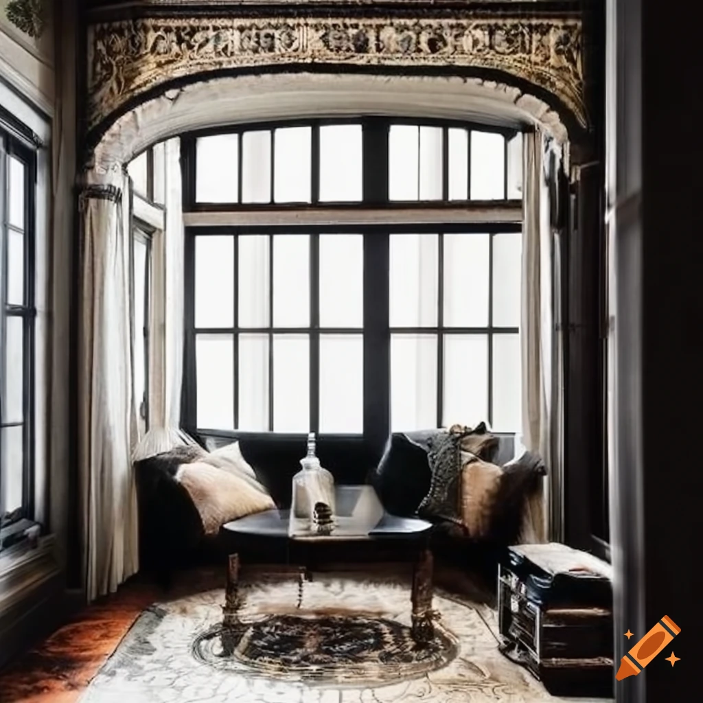 Moody living room with black accent wall and bay window on Craiyon