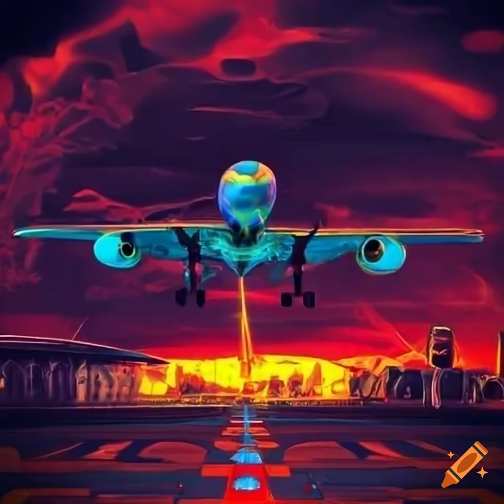 Colorful plane landing on psychedelic airport with aliens in control