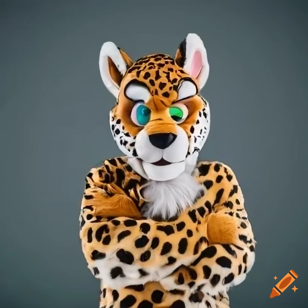 Female teacher in full body cartoony jaguar mascot fursuit in a classroom