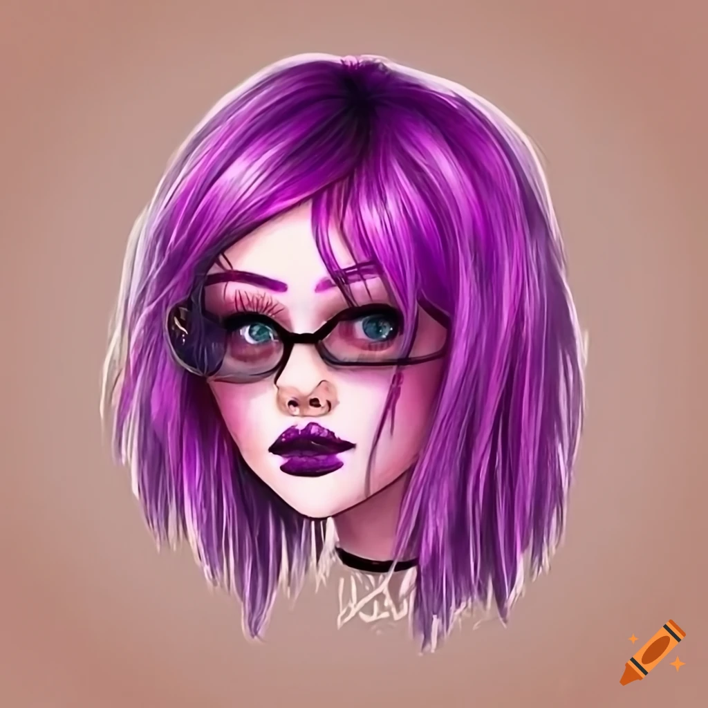Goth girl with purple hair, pink eyes, and multiple ear piercings