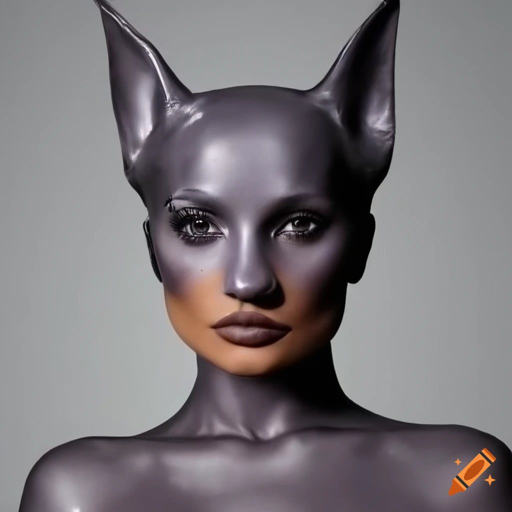Portrait Of Kylie Jenner With A Doberman Head In Grey Latex On Craiyon