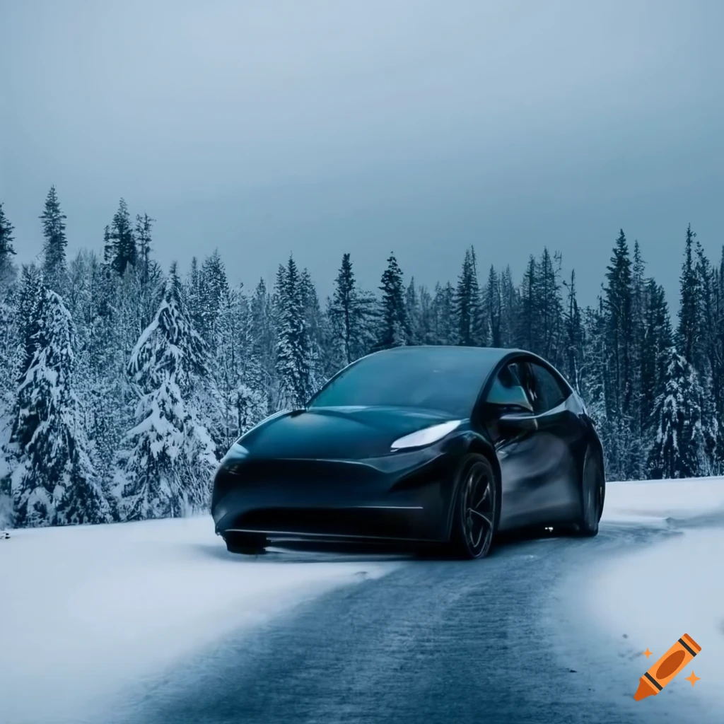 Black Tesla Model Y on snowy road in Swedish forest with trophy in  background on Craiyon