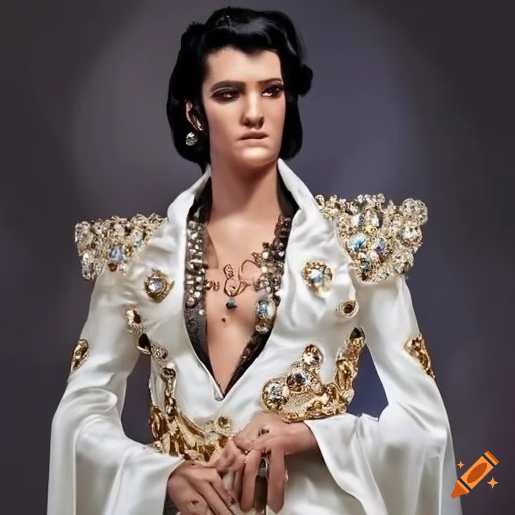 Whimsical elvish character in Middle Earth style with pointy ears and bejeweled silk clothes