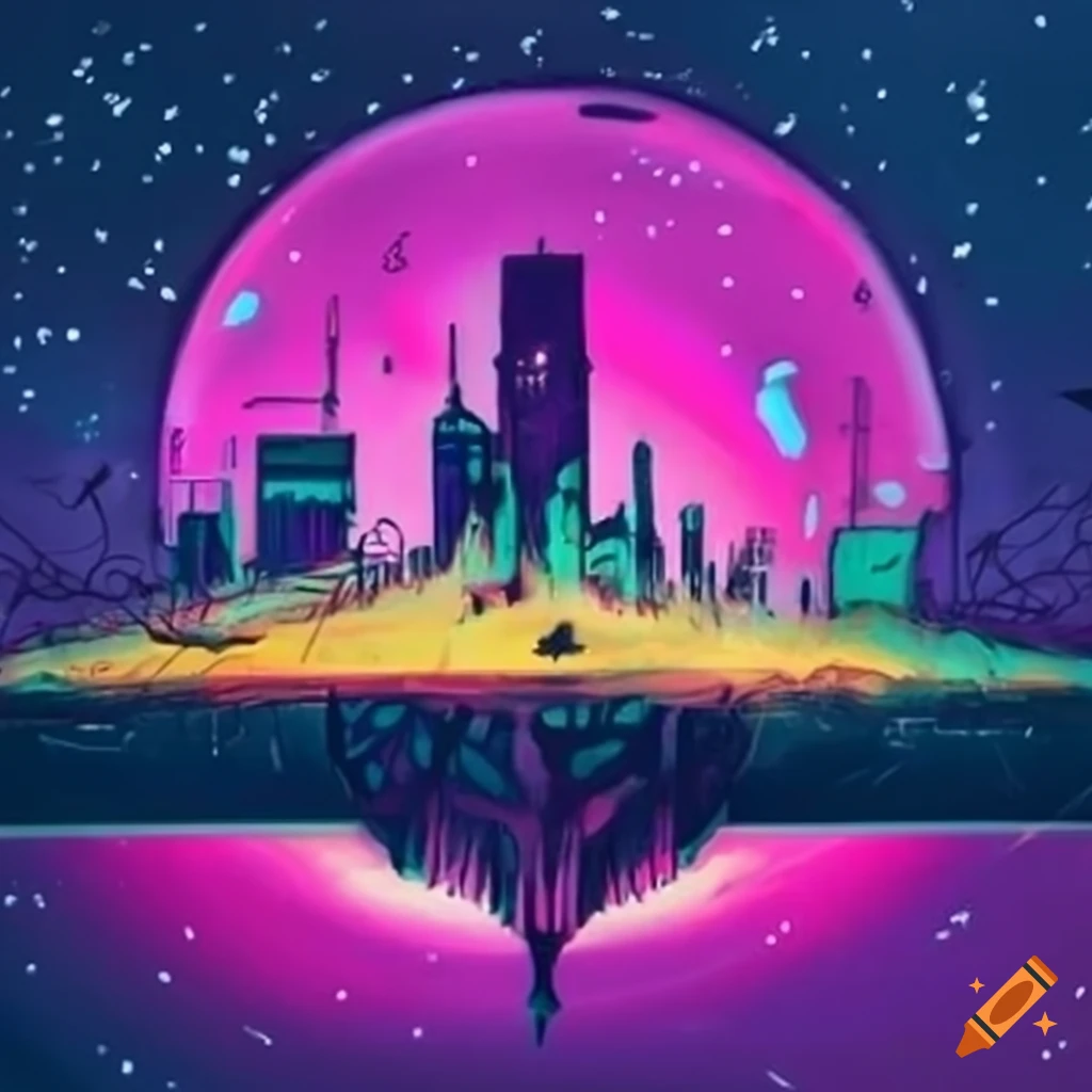 Winter cyberpunk cityscape on a floating sky island in science fantasy