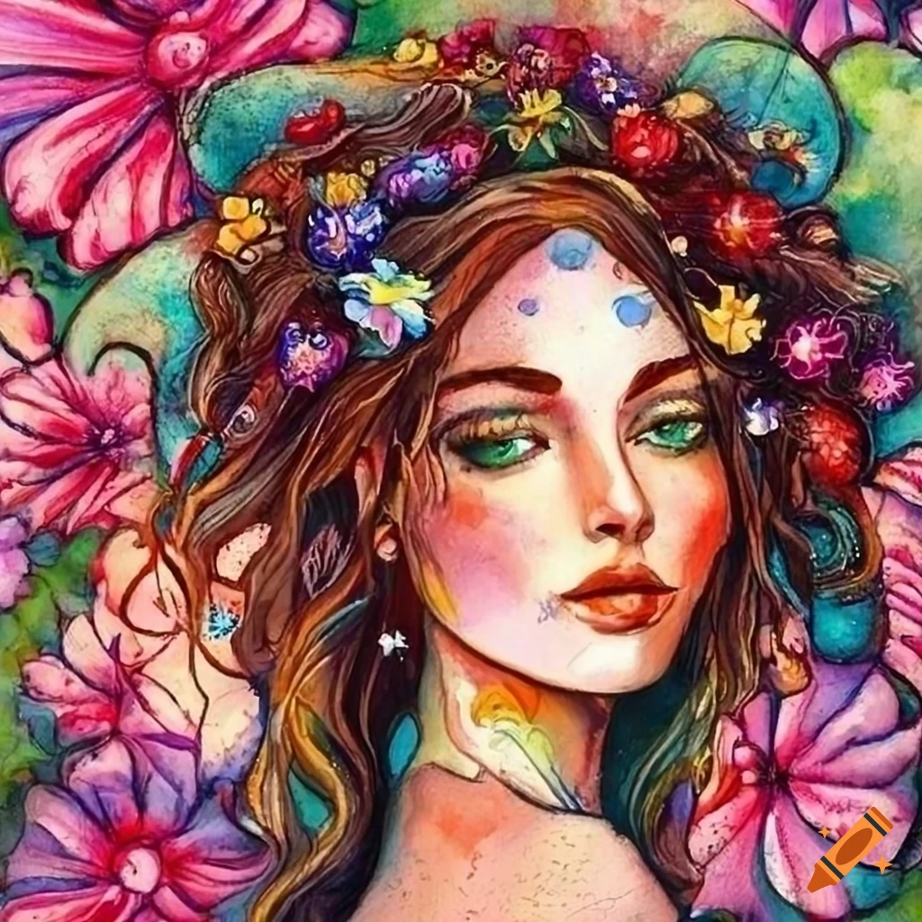 Painting of a woman with flowers in her hair by Josephine Wall on Craiyon