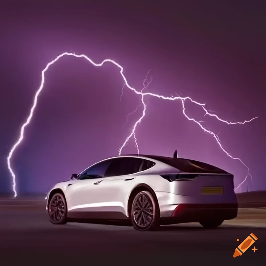 Tesla car with lightning strike in the background on Craiyon