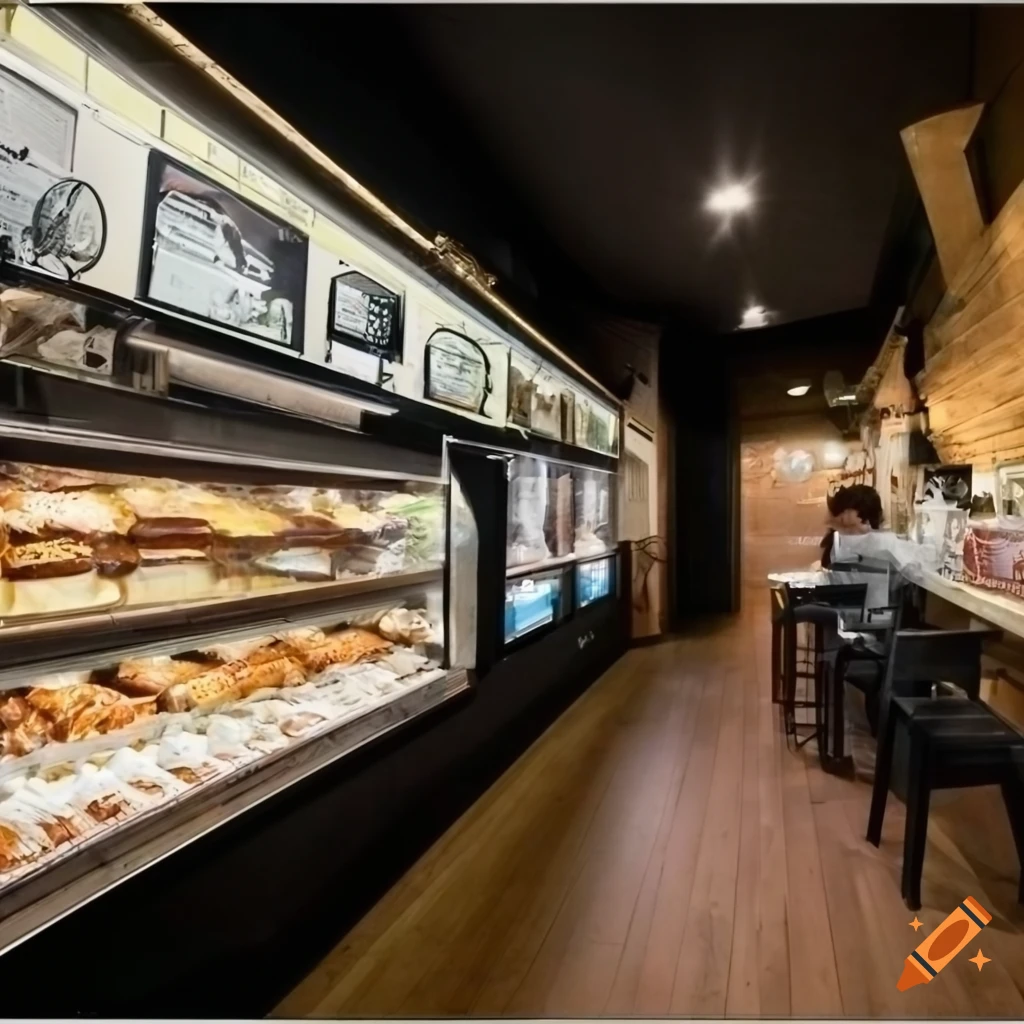 Cafe interior with showcases filled with pastries, cakes, and snacks