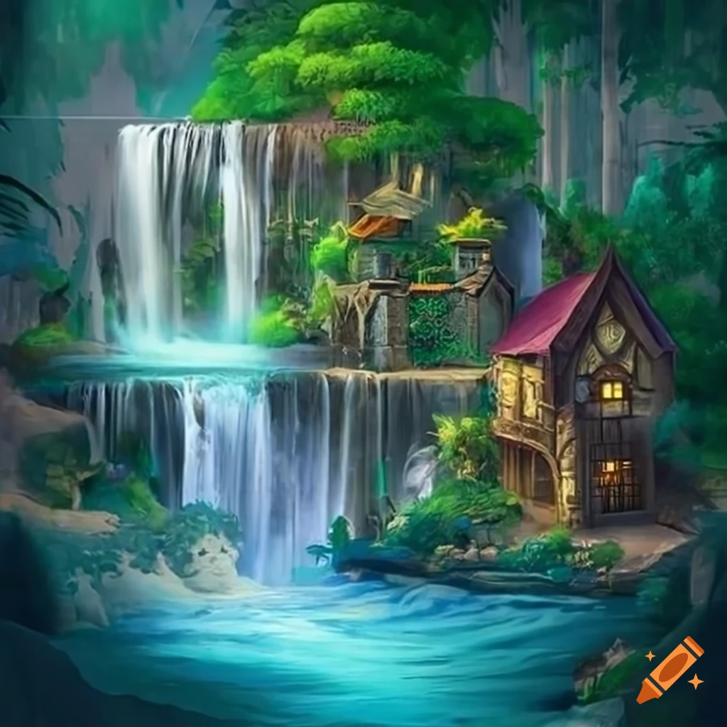 Enchanting waterfall in a fantasy village on Craiyon