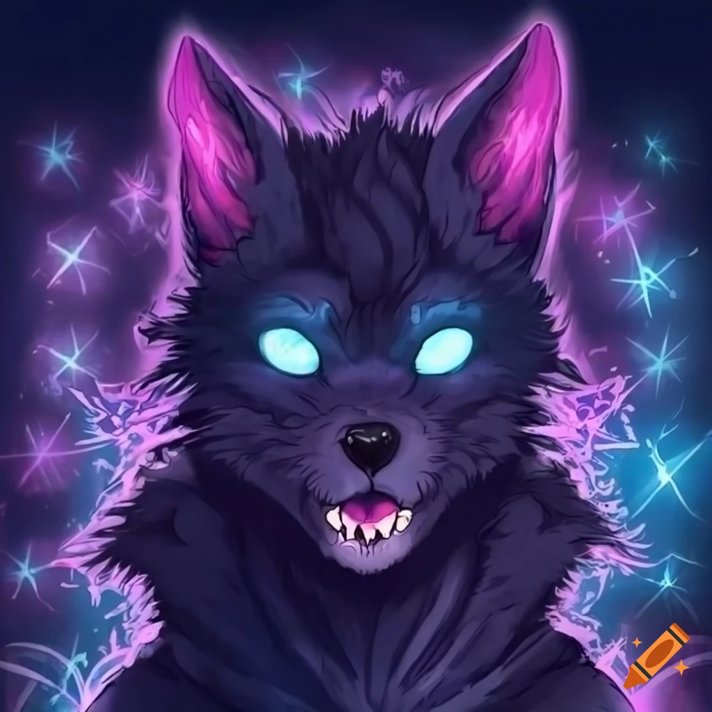 Night-themed werewolf fursona with glowing star patterns