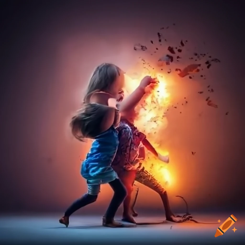 Children playing with explosions in the background