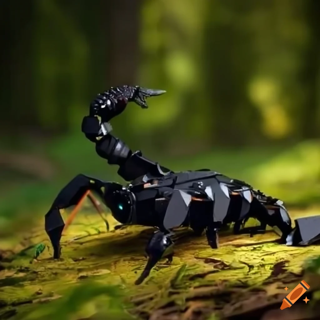 Unique black scorpion robot with laser cannons protecting the forest on