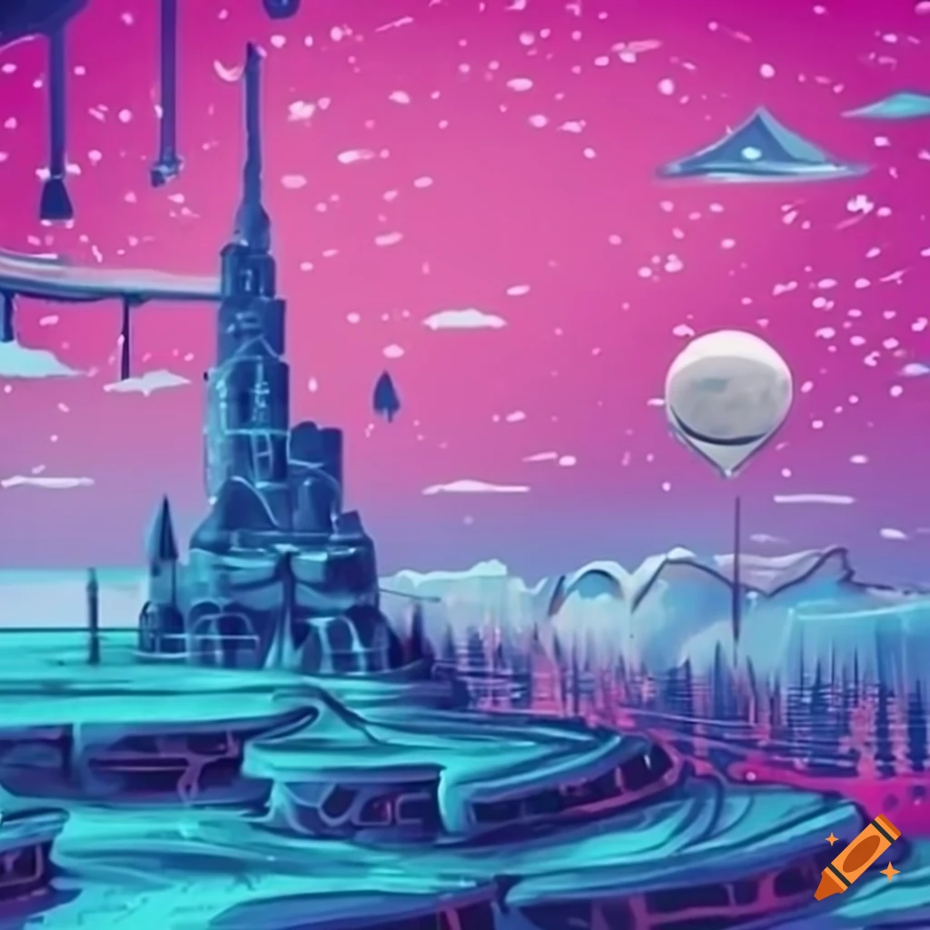 Science fantasy cityscape on a floating sky island with magenta and