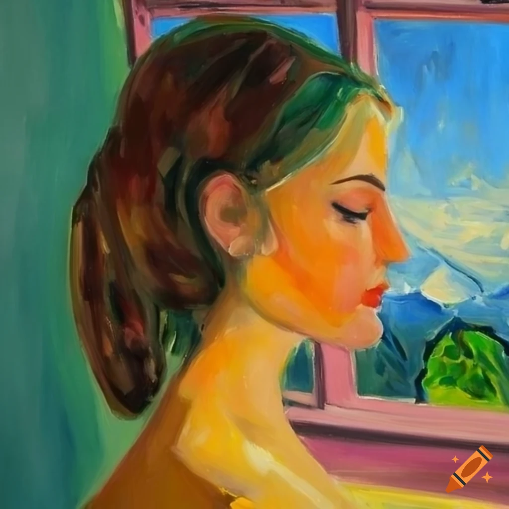 Beautiful girl in front of mountain view through window, Matisse oil painting