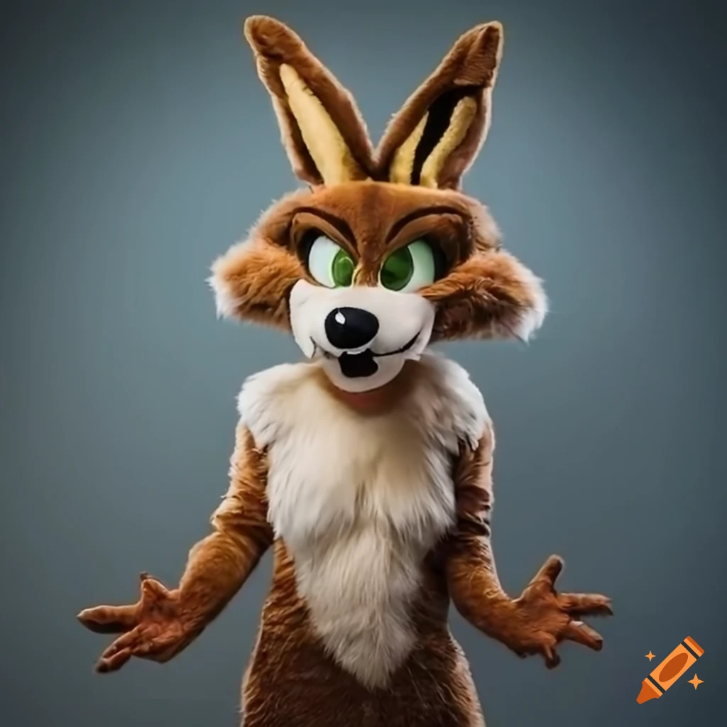Female teacher in Looney Tunes coyote mascot fursuit costume in classroom