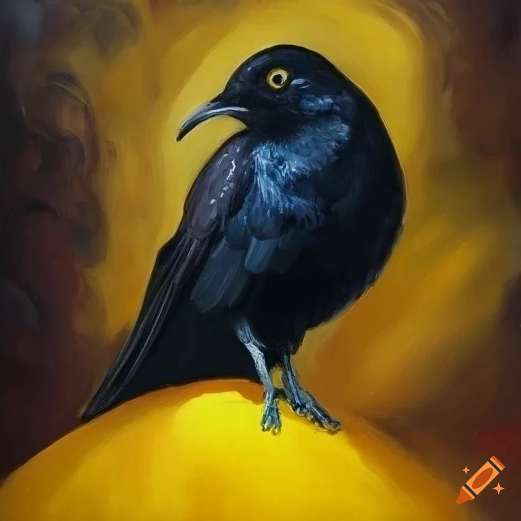 Large black bird on a yellow blob in an oil painting on Craiyon