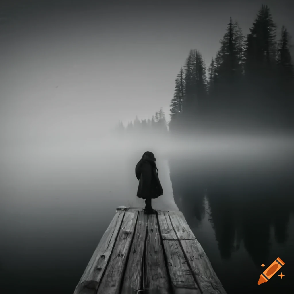 Pontoon on a lake disappearing into the fog