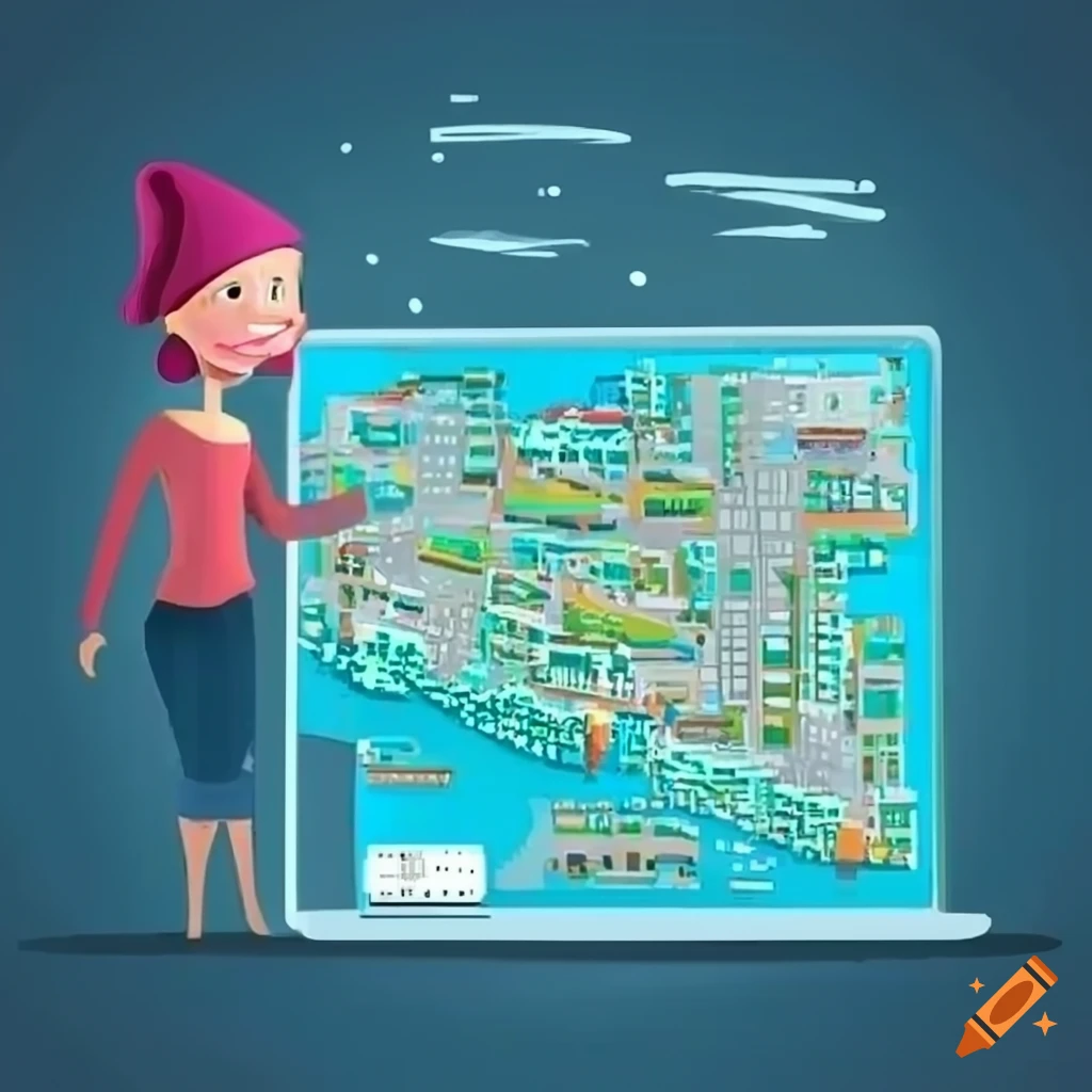 Cartoon of people using digital maps for city planning on Craiyon