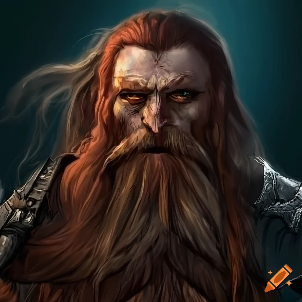 Barbarian kalashtar in halfplate with sword and shield against a fiery