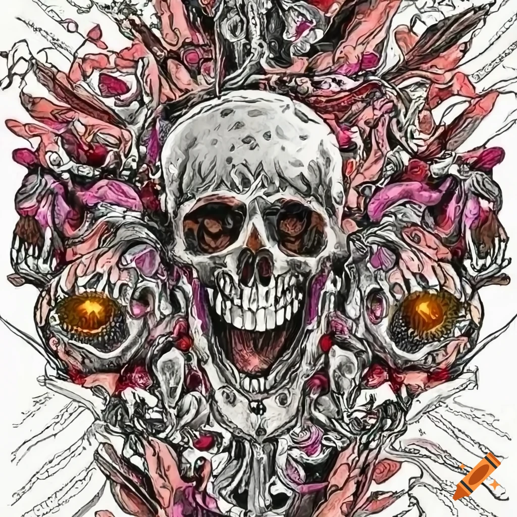 Punk biomechanical skulls levitating in colorful New Zealand wilderness at sunset