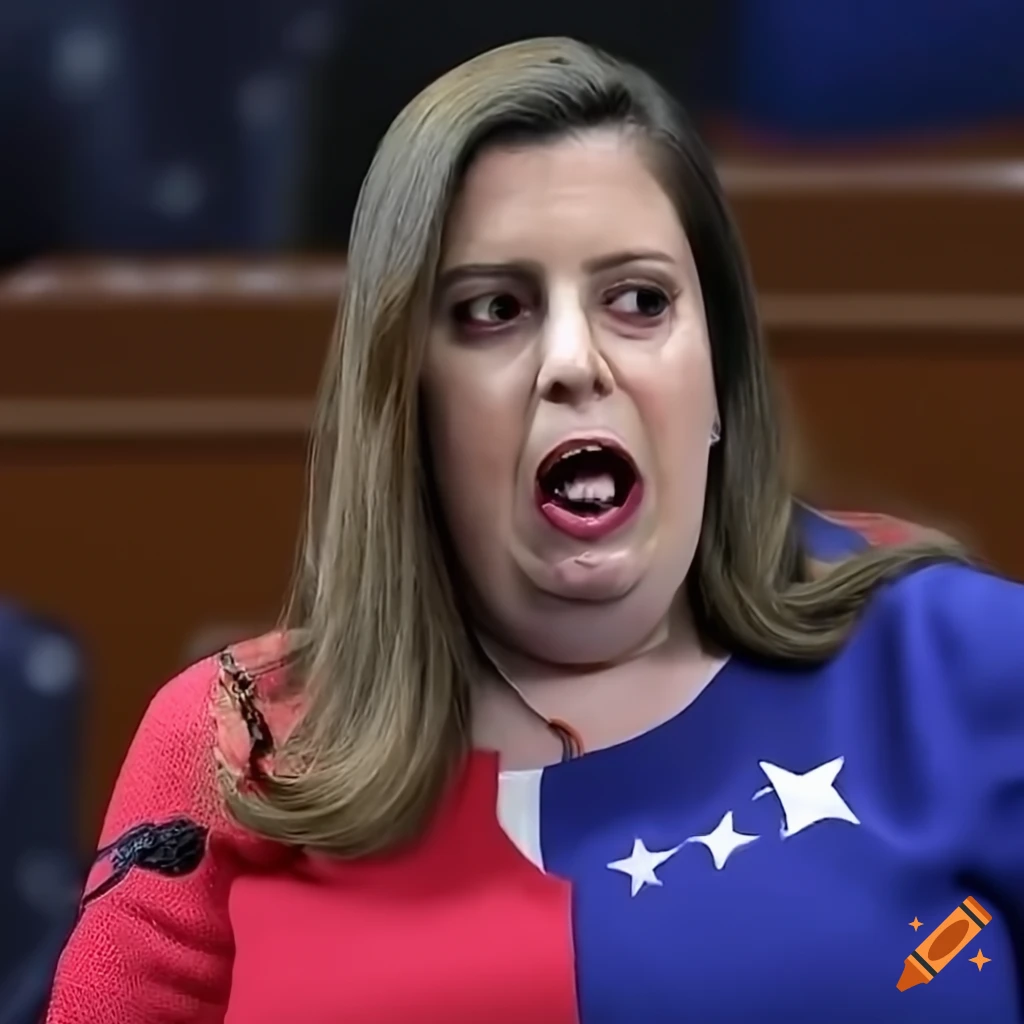 Representative elise stefanik in a dress surrounded by patriotic