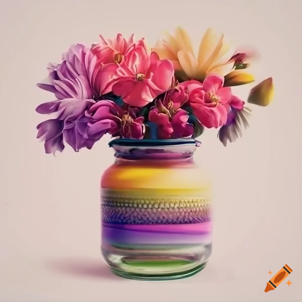 Colorful jar filled with stunning flowers on white background