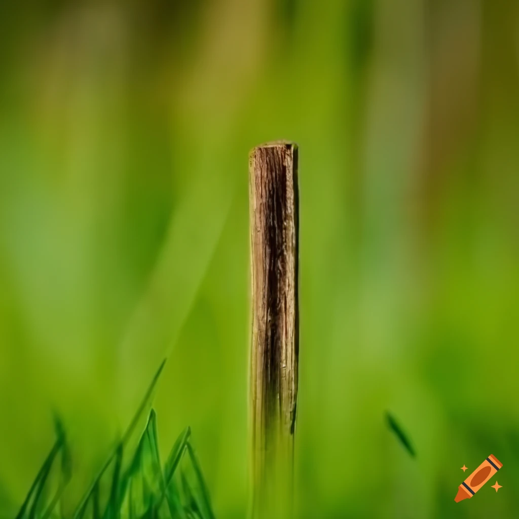 Straight piece of wood on grass resembling a railroad rail