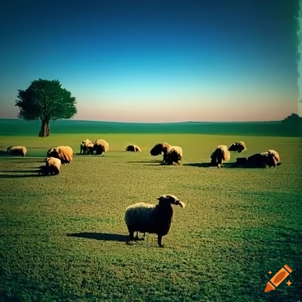 Sheep grazing in a shepherd's field with one standing closer to the camera