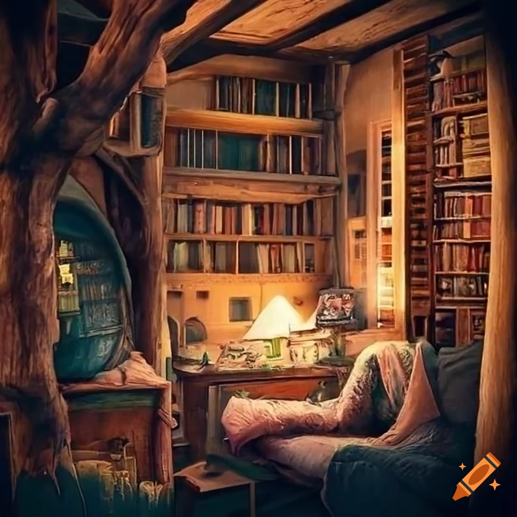 Cozy treehouse interior with bed and library, inspired by Beatrix Potter style