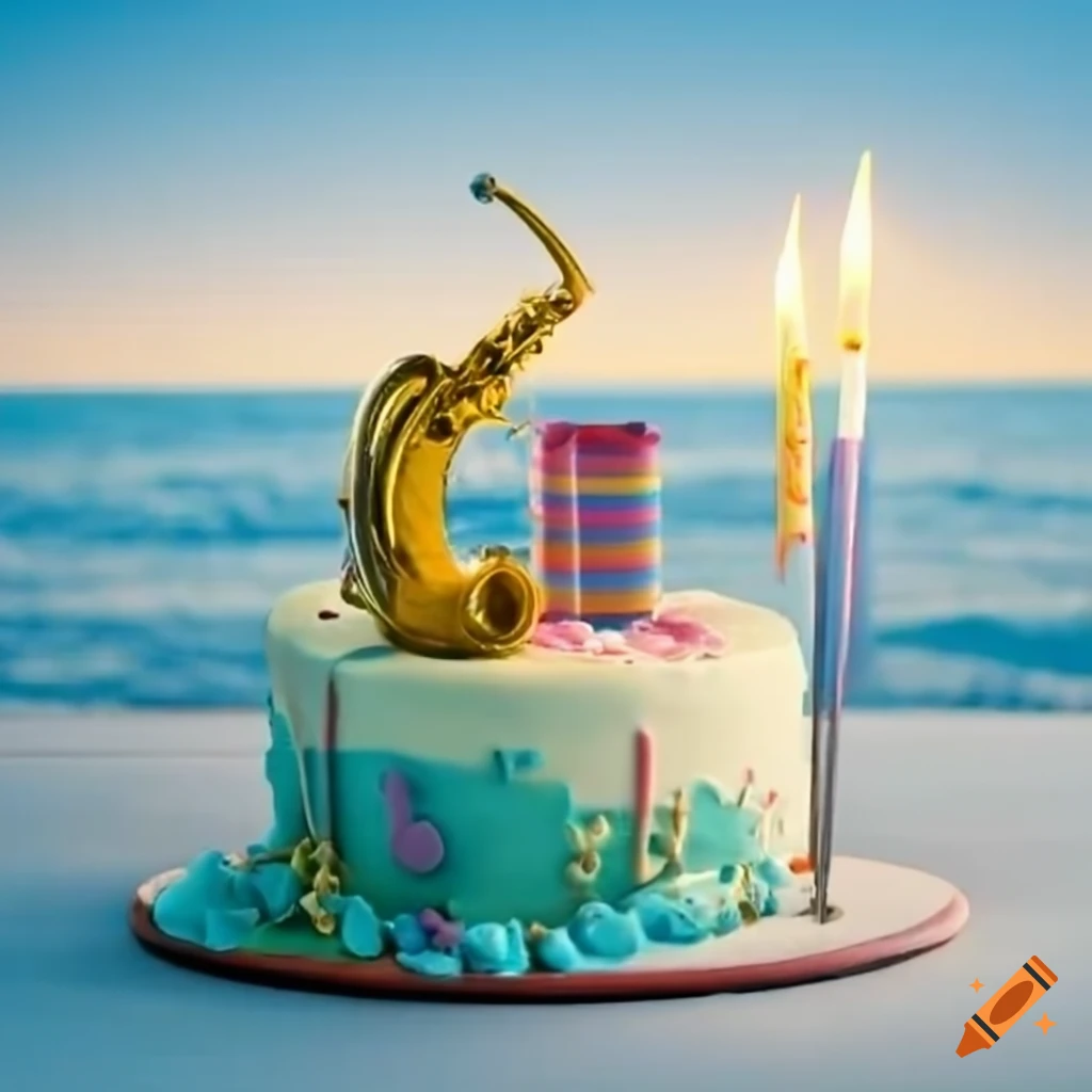 Birthday cake with a saxophone in a garden by the seaside