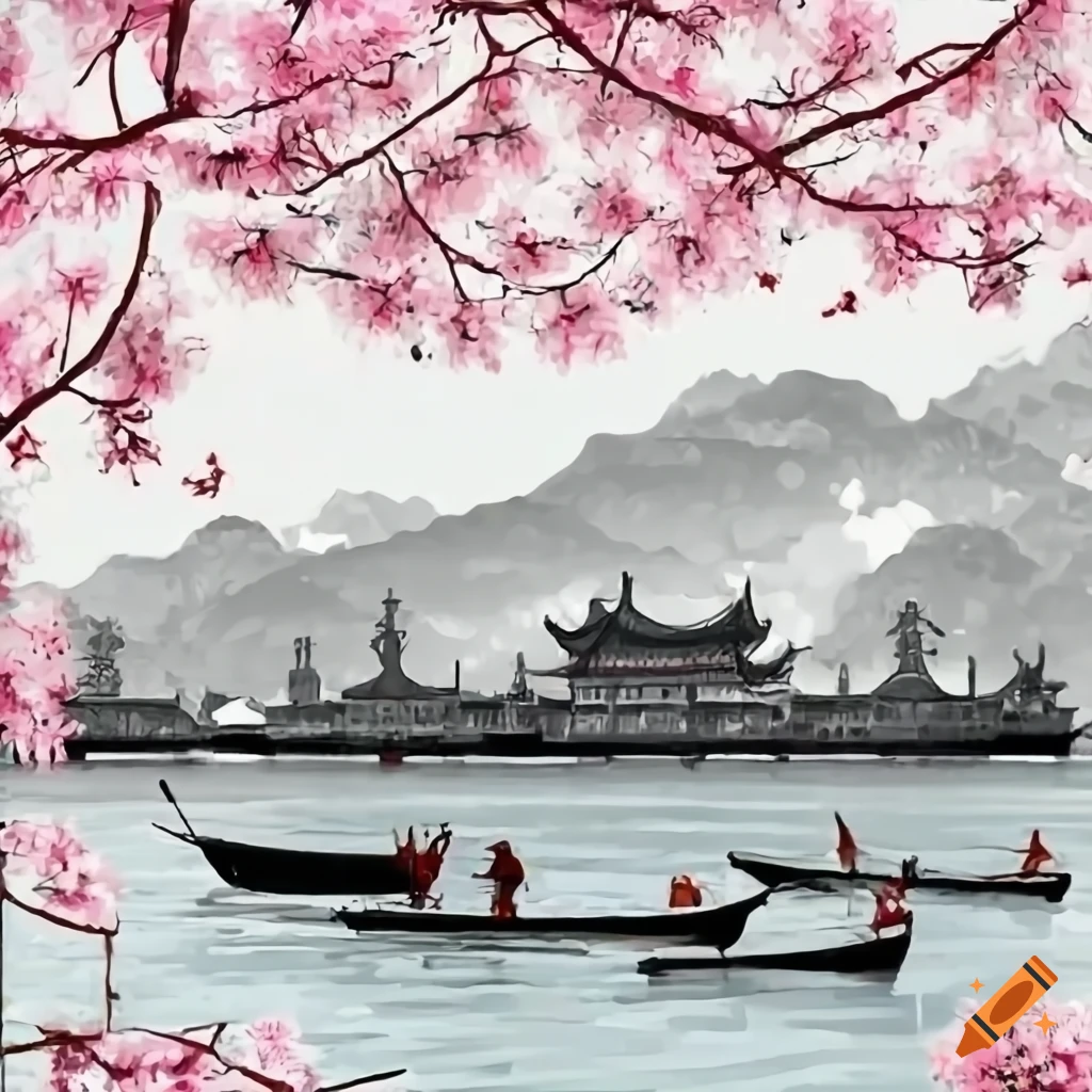 City docks with sampan, oil tankers, fishermen, and Chinese temple, with snowy mountains and pink blossoms in the background