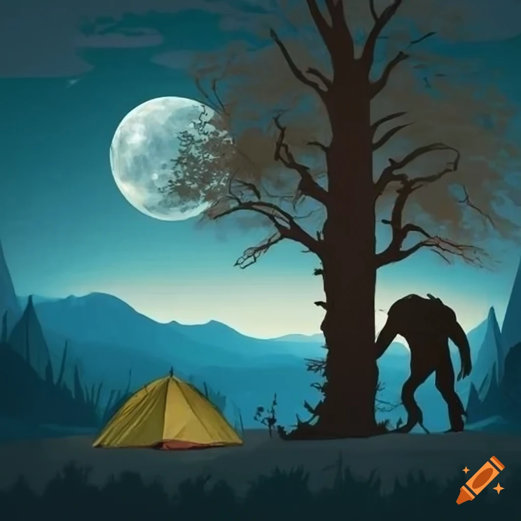 Two tents under moonlight with a bigfoot peeking from behind a tree