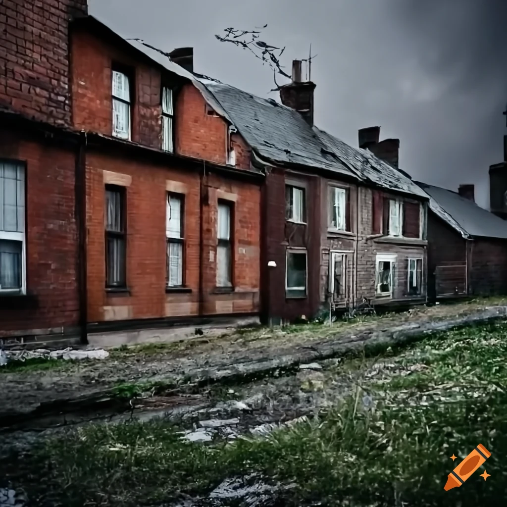 Abandoned neighborhood with brick buildings, broken windows, and dead
