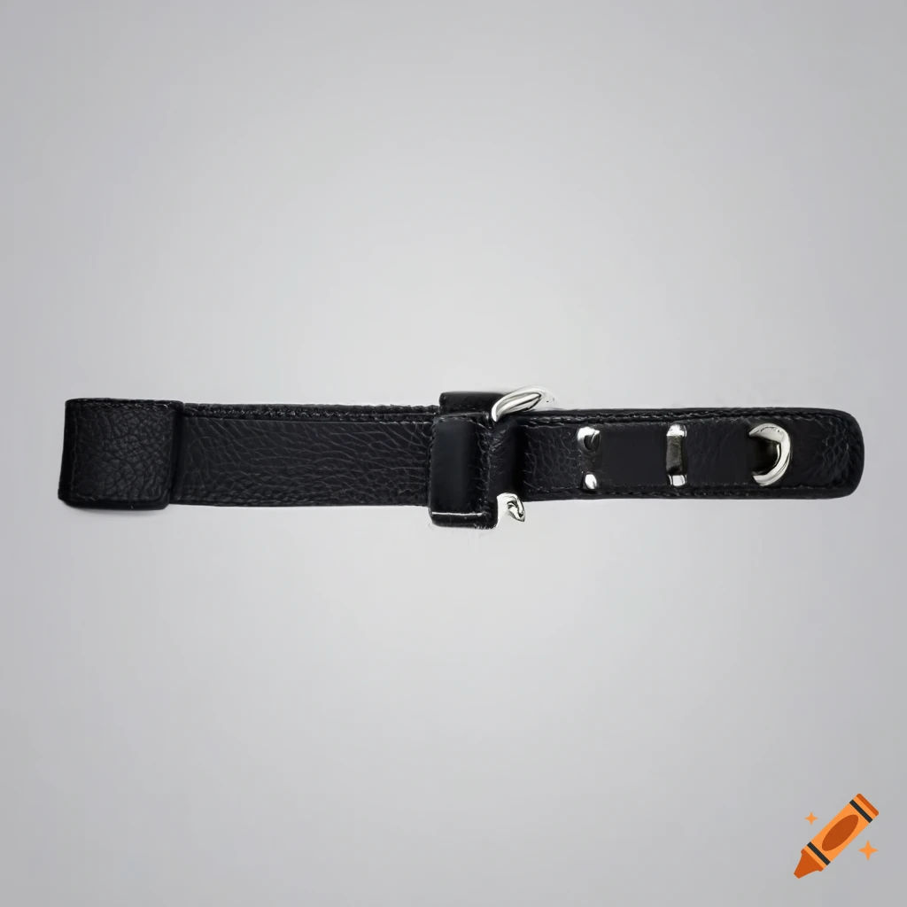 Black leather strap with a silver buckle on a white background